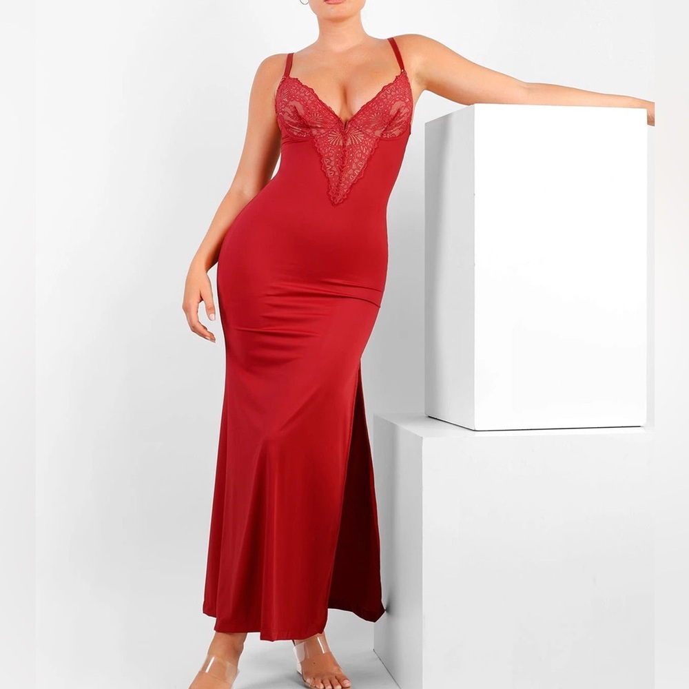 Popilush Shapewear Lace V Neck Side Slit Slimming Maxi Slip Dress in Red
